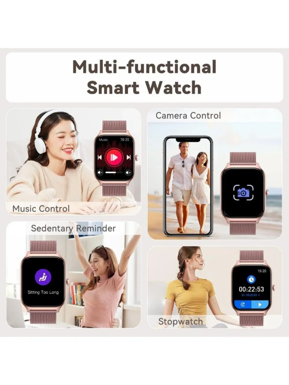 Stylish Rose Gold Smart Watch for Women - Fitness Tracker, Waterproof, Heart